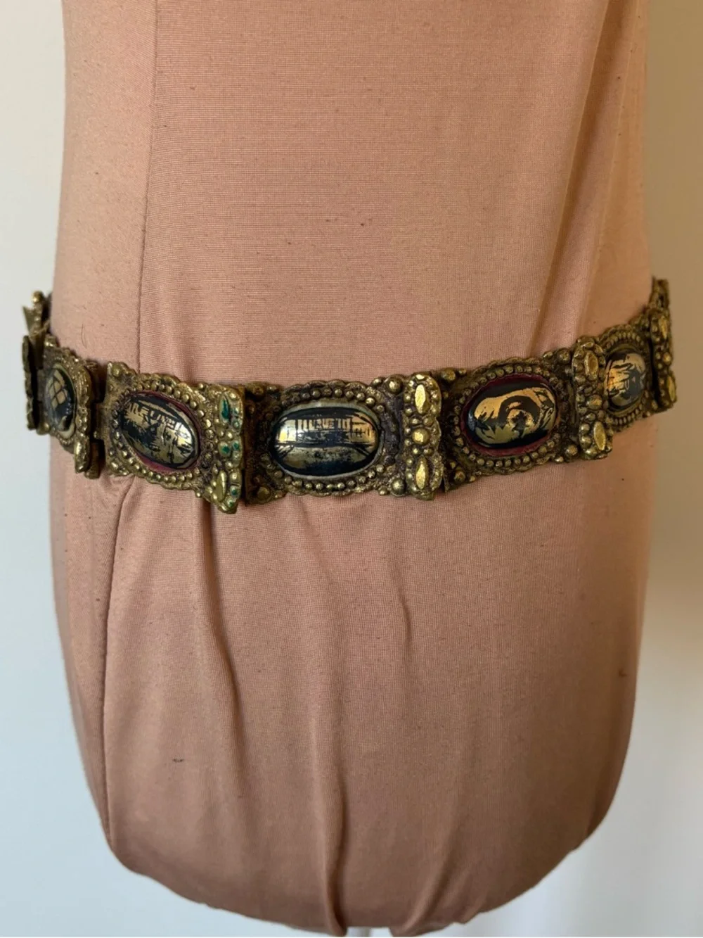 19th Century Antique Ottoman Turkish c1800s Brass Niello Paneled Pictorial Belt